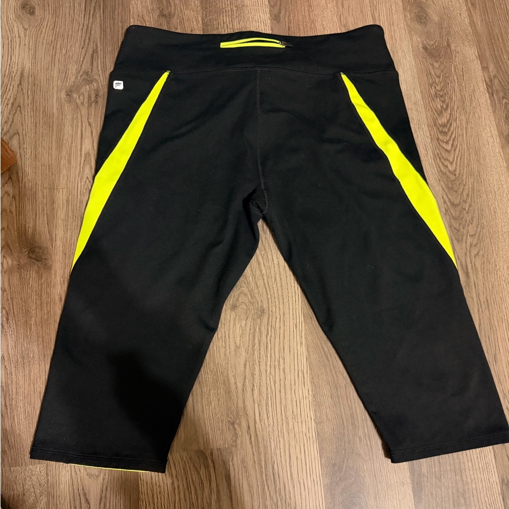 Fabletics Black Capri Leggings with Neon Yellow Panels